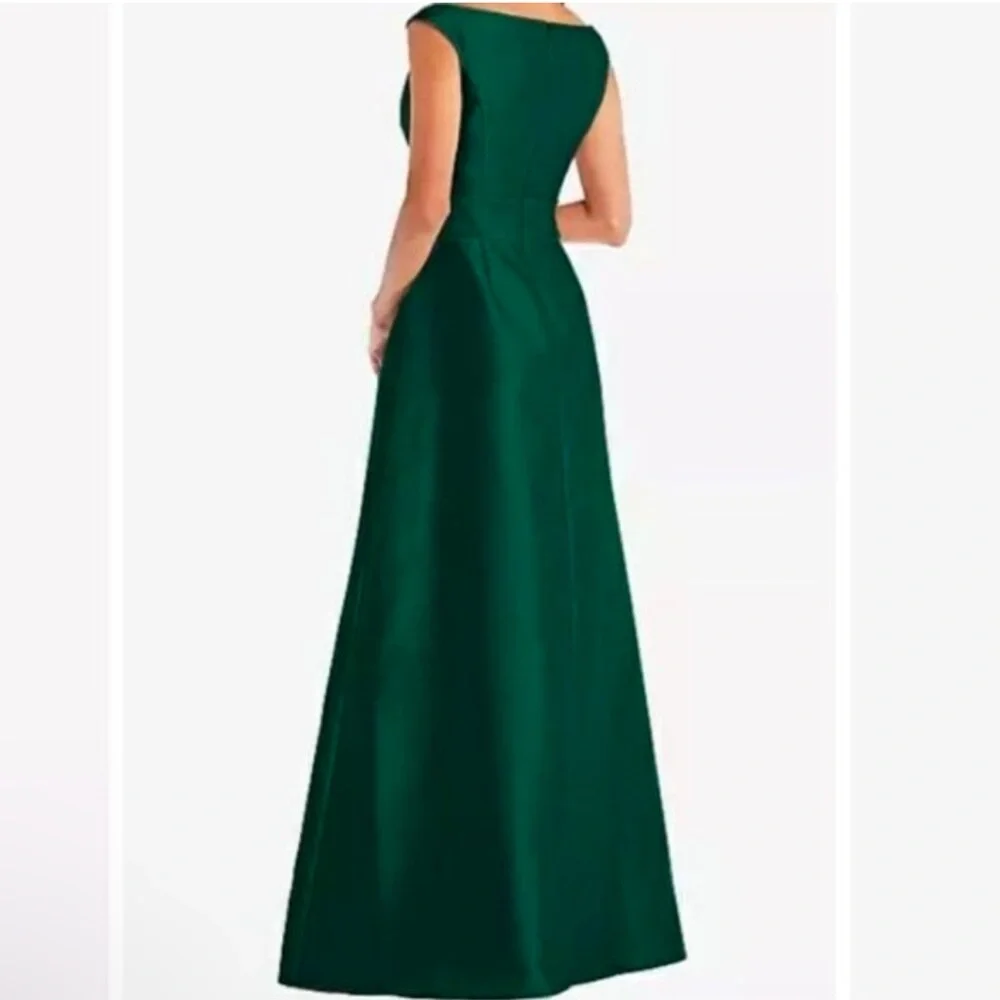 New! Alfred Sung D811S Hunter Green Off Shoulder Draped Wrap Satin‎ Maxi Dress 4 - Picture 2 of 5
